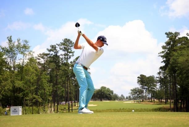 Chesson Hadley plays his shot from the second tee during the third round of the Palmetto Championship at Congaree on June 12, 2021 in Ridgeland,...