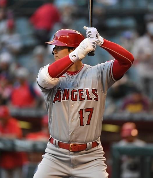 Shohei Ohtani of the Los Angeles Angels gets ready in the batters box against the Arizona Diamondbacks during the first inning at Chase Field on June...