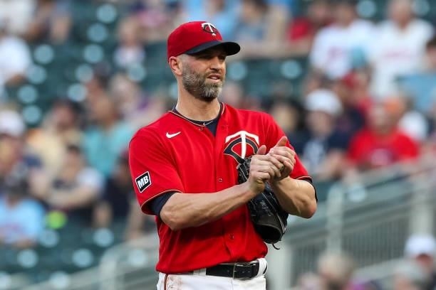 Happ of the Minnesota Twins looks on against the New York Yankees in the first inning of the game at Target Field on June 10, 2021 in Minneapolis,...