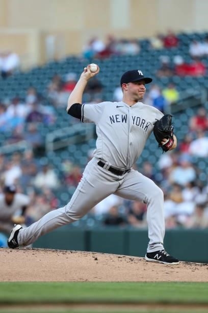Michael King of the New York Yankees delivers a pitch against the Minnesota Twins in the first inning of the game at Target Field on June 10, 2021 in...