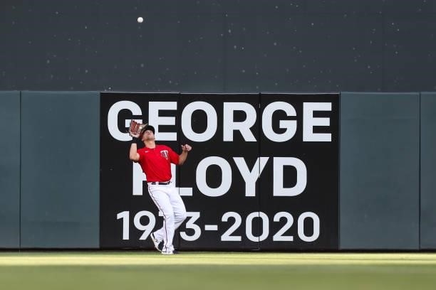 Alex Kirilloff of the Minnesota Twins catches a fly ball hit by DJ LeMahieu of the New York Yankees for an out in the first inning of the game at...
