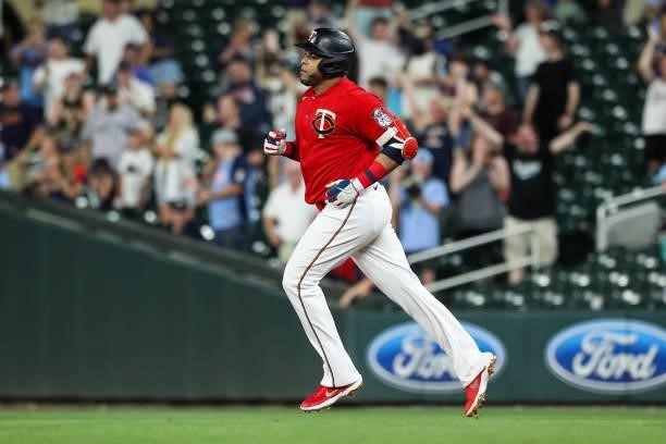 Nelson Cruz of the Minnesota Twins rounds the bases after hitting a two-run walk off home run against the New York Yankees in the ninth inning of the...