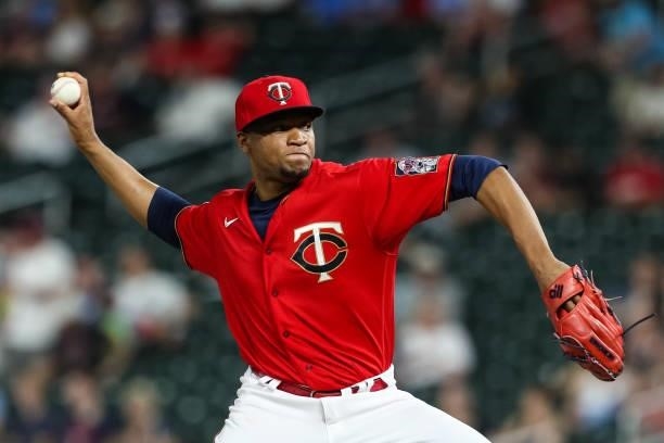 Jorge Alcala of the Minnesota Twins delivers a pitch against the New York Yankees in the seventh inning of the game at Target Field on June 10, 2021...