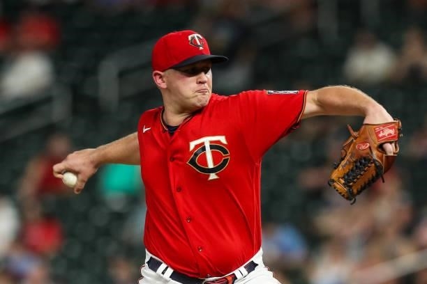 Tyler Duffey of the Minnesota Twins delivers a pitch against the New York Yankees in the sixth inning of the game at Target Field on June 10, 2021 in...