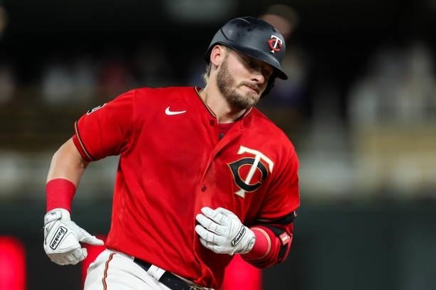 Josh Donaldson of the Minnesota Twins rounds the bases after hitting a two-run home run against the New York Yankees in the ninth inning of the game...
