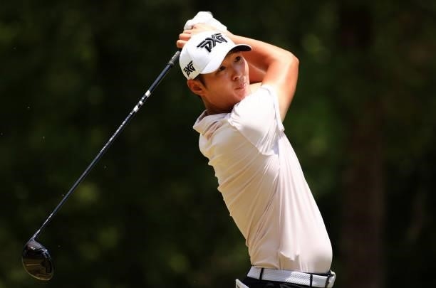 Danny Lee of New Zealand plays his shot from the 12th tee during the third round of the Palmetto Championship at Congaree on June 12, 2021 in...