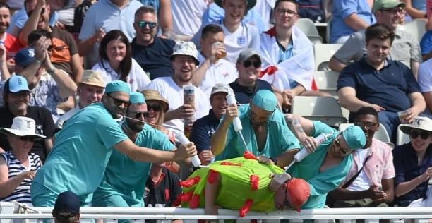 Medical staff and a virus in the Hollies Stand during the third day of the second LV= Test Match between England and New Zealand at Edgbaston on June...