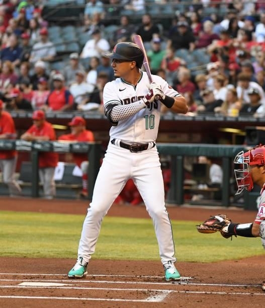 Josh Rojas of the Arizona Diamondbacks gets ready in the batters box against the Los Angeles Angels at Chase Field on June 11, 2021 in Phoenix,...