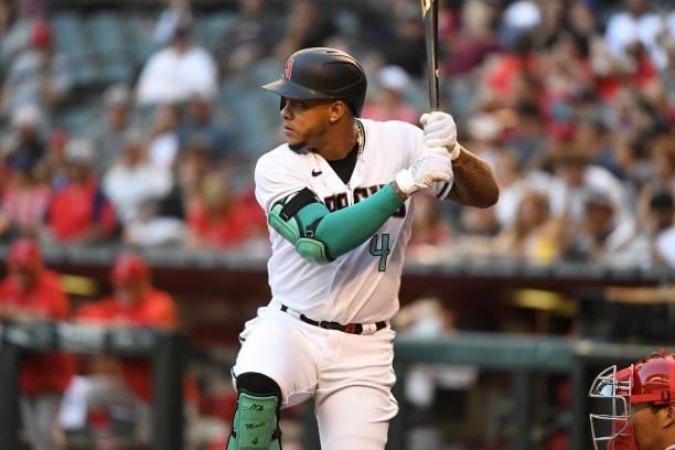 Ketel Marte of the Arizona Diamondbacks gets ready in the batters box against the Los Angeles Angels at Chase Field on June 11, 2021 in Phoenix,...