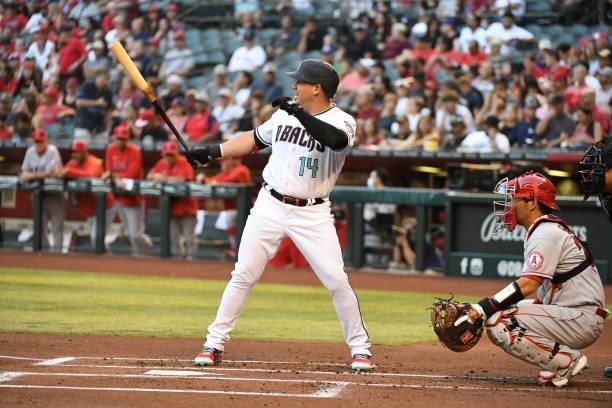 Asdrubal Cabrera of the Arizona Diamondbacks gets ready in the batters box against the Los Angeles Angels at Chase Field on June 11, 2021 in Phoenix,...