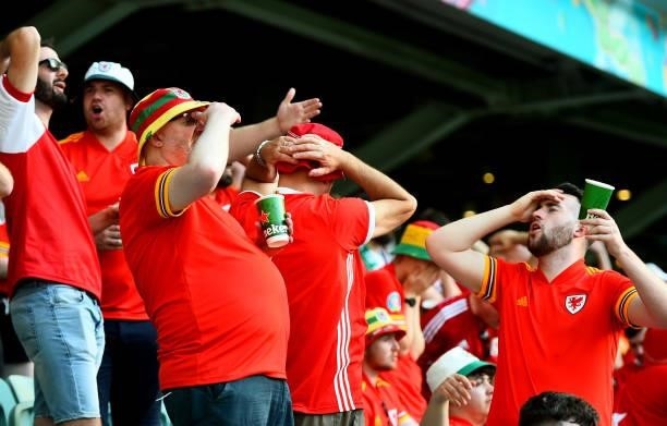 Supporters of Wales react during the UEFA Euro 2020 Championship Group A match between Wales and Switzerland on June 12, 2021 in Baku, Azerbaijan.
