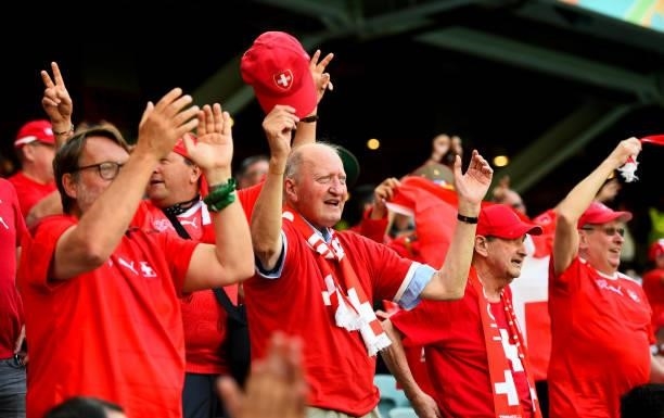 Supporters of Switzerland celebrate a goal during the UEFA Euro 2020 Championship Group A match between Wales and Switzerland on June 12, 2021 in...