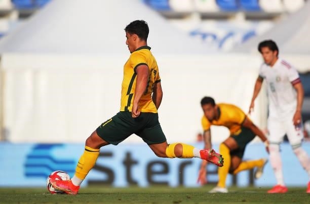 Daniel Arzani of Australia scores a goal during a International Friendly match between Mexico and Australia at Marbella Municipal Stadium on June 12,...