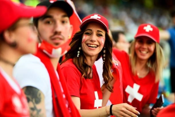 Supporter of Switzerland smiles during the UEFA Euro 2020 Championship Group A match between Wales and Switzerland on June 12, 2021 in Baku,...