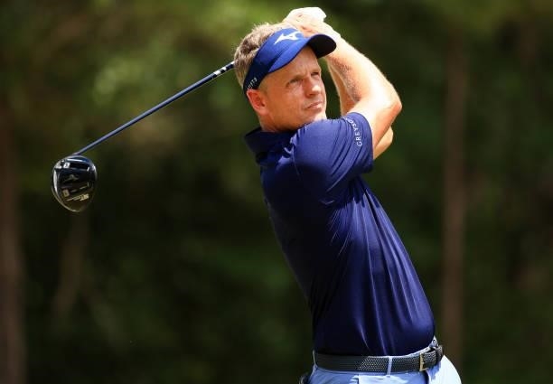 Luke Donald of England plays his shot from the12th tee during the third round of the Palmetto Championship at Congaree on June 12, 2021 in Ridgeland,...