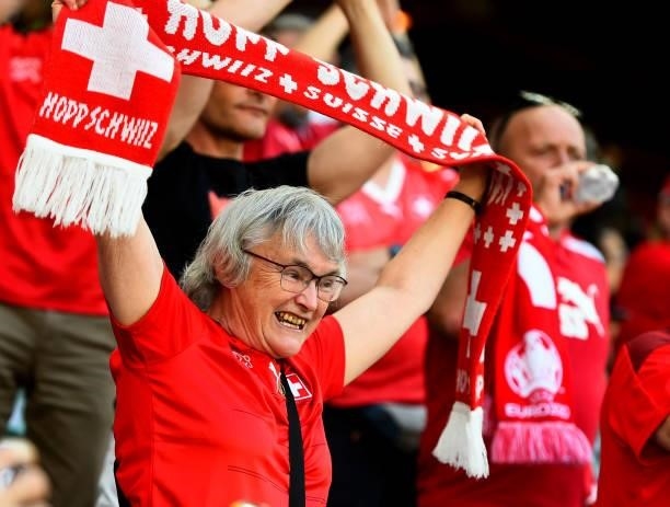 Supporter of Switzerland reacts during the UEFA Euro 2020 Championship Group A match between Wales and Switzerland on June 12, 2021 in Baku,...