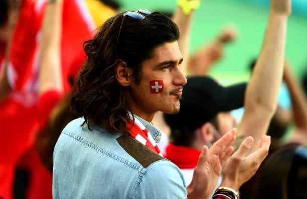Supporter of Switzerland reacts during the UEFA Euro 2020 Championship Group A match between Wales and Switzerland on June 12, 2021 in Baku,...