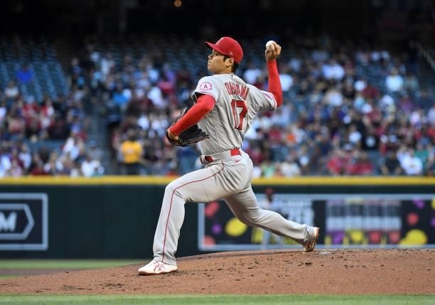 Shohei Ohtani of the Los Angeles Angels delivers a second inning pitch against the Arizona Diamondbacks at Chase Field on June 11, 2021 in Phoenix,...