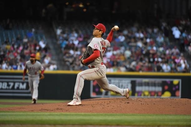 Shohei Ohtani of the Los Angeles Angels delivers a second inning pitch against the Arizona Diamondbacks at Chase Field on June 11, 2021 in Phoenix,...