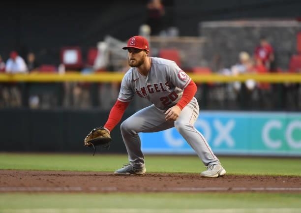 Jared Walsh of the Los Angeles Angels gets ready to make a play at first base against the Arizona Diamondbacks at Chase Field on June 11, 2021 in...