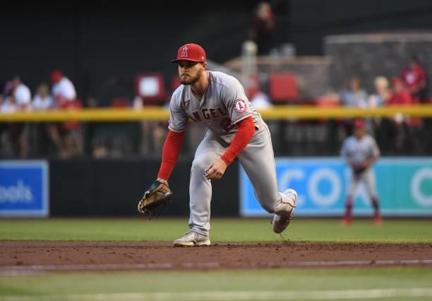 Jared Walsh of the Los Angeles Angels gets ready to make a play at first base against the Arizona Diamondbacks at Chase Field on June 11, 2021 in...