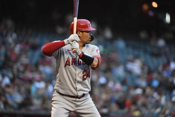 Kurt Suzuki of the Los Angeles Angels gets ready in the batters box against the Arizona Diamondbacks at Chase Field on June 11, 2021 in Phoenix,...