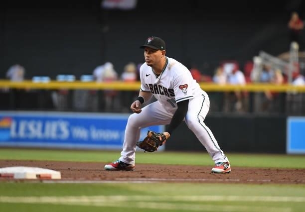 Asdrubal Cabrera of the Arizona Diamondbacks gets ready to make a play at first base against the Los Angeles Angels at Chase Field on June 11, 2021...