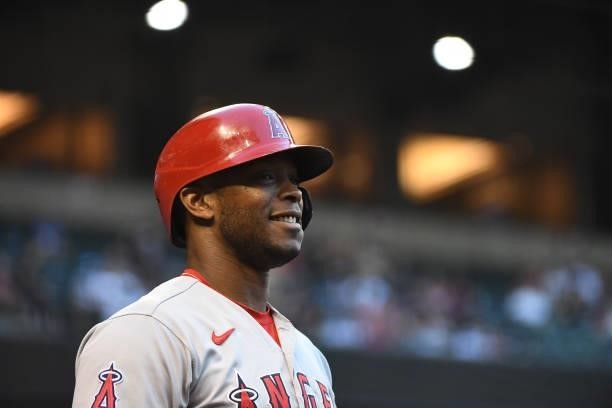 Justin Upton of the Los Angeles Angels gets ready in the on deck circle prior to an at bat against the Arizona Diamondbacks at Chase Field on June...