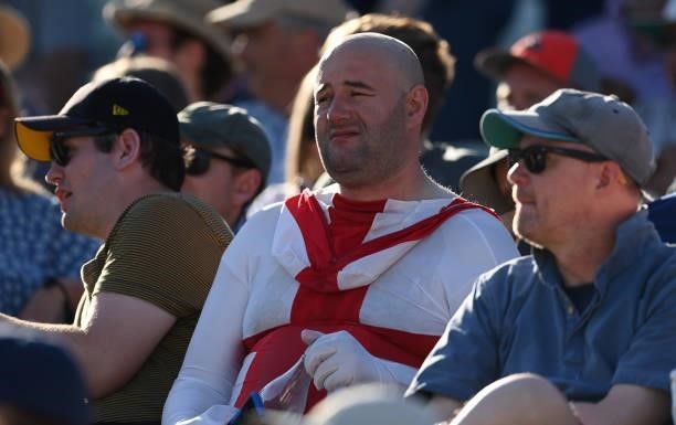 An England fan in fancy dress looks on during the third day of the second LV= Test Match between England and New Zealand at Edgbaston on June 12,...