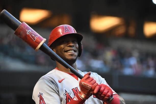 Justin Upton of the Los Angeles Angels gets ready in the on deck circle prior to an at bat against the Arizona Diamondbacks at Chase Field on June...
