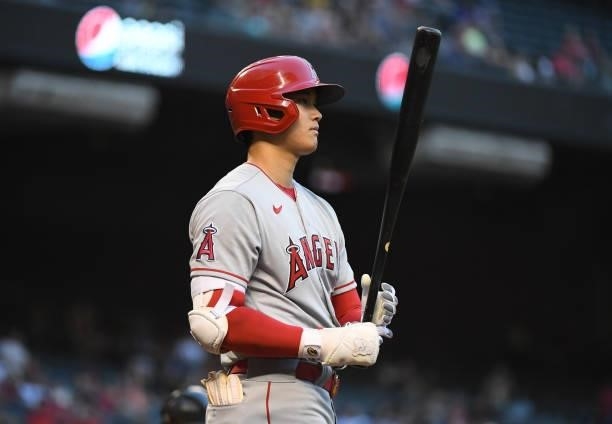 Shohei Ohtani of the Los Angeles Angels gets ready to step into the batters box against the Arizona Diamondbacks at Chase Field on June 11, 2021 in...