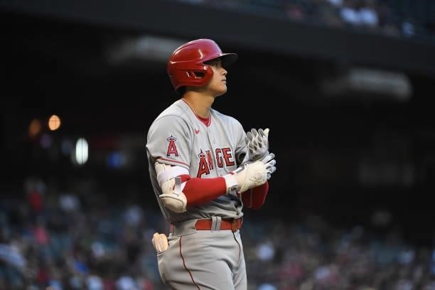 Shohei Ohtani of the Los Angeles Angels gets ready to step into the batters box against the Arizona Diamondbacks at Chase Field on June 11, 2021 in...