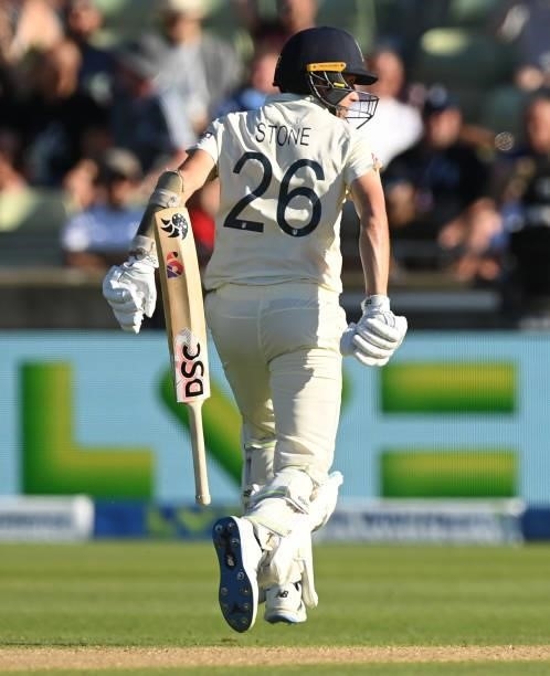 Olly Stone drops his bat as he completes a run during the third day of the second LV= Test Match between England and New Zealand at Edgbaston on June...