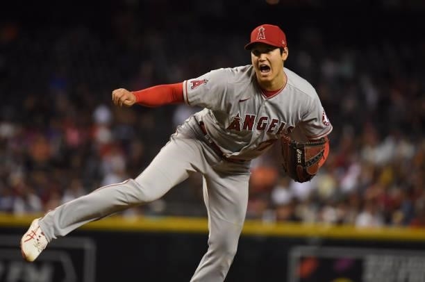 Shohei Ohtani of the Los Angeles Angels delivers a pitch against the Arizona Diamondbacks at Chase Field on June 11, 2021 in Phoenix, Arizona.