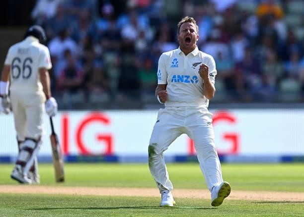New Zealand bowler Neil Wagner celebrates after taking the wicket of England batsman Dan Lawrence during day three of the second LV= Insurance Test...