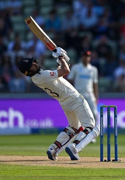 Mark Wood of England avoids a bouncer during day three of the second LV= Insurance Test Match between England and New Zealand at Edgbaston on June...