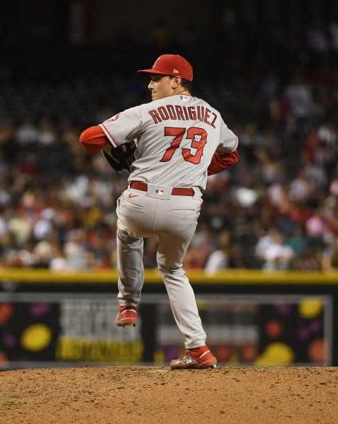 Chris Rodriguez of the Los Angeles Angels delivers a pitch against the Arizona Diamondbacks at Chase Field on June 11, 2021 in Phoenix, Arizona.