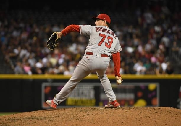 Chris Rodriguez of the Los Angeles Angels delivers a pitch against the Arizona Diamondbacks at Chase Field on June 11, 2021 in Phoenix, Arizona.