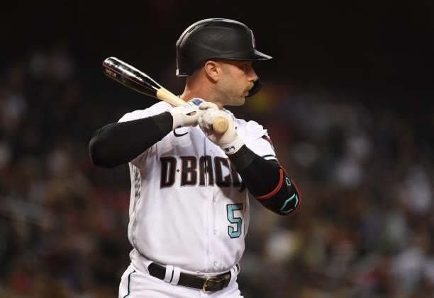 Christian Walker of the Arizona Diamondbacks gets ready in the batters box against the Los Angeles Angels at Chase Field on June 11, 2021 in Phoenix,...
