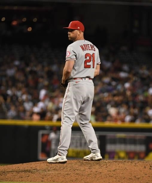 Mike Mayers of the Los Angeles Angels delivers a pitch against the Arizona Diamondbacks at Chase Field on June 11, 2021 in Phoenix, Arizona.