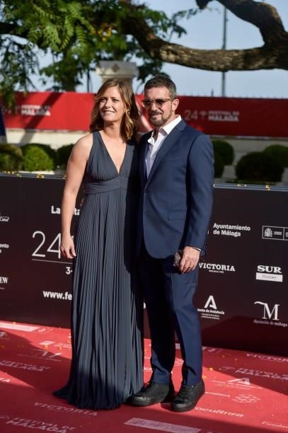 Antonio Banderas and Maria Casado attend 'Garcia Y Garcia' premiere during the 24th Malaga Film Festival at the Miramar Hotel on June 12, 2021 in...