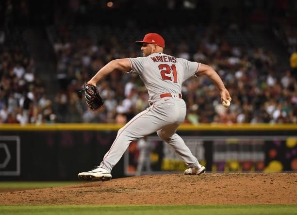 Mike Mayers of the Los Angeles Angels delivers a pitch against the Arizona Diamondbacks at Chase Field on June 11, 2021 in Phoenix, Arizona.