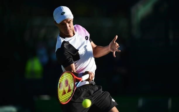 Kamil Majchrzak of Poland plays a forehand shot to Denis Kudla of United States in the men's semi-finals singles match on day eight of the Viking...