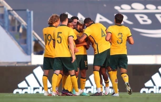 Players of Australia celebrate during a International Friendly match between Mexico and Australia at Marbella Municipal Stadium on June 12, 2021 in...