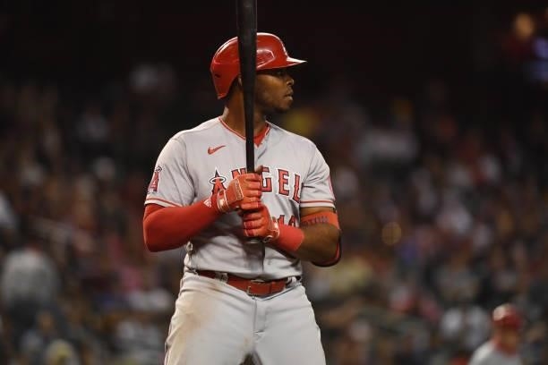 Justin Upton of the Los Angeles Angels gets ready in the batters box against the Arizona Diamondbacks at Chase Field on June 11, 2021 in Phoenix,...