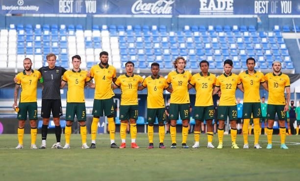 Players of Australia look on prior to a International Friendly match between Mexico and Australia at Marbella Municipal Stadium on June 12, 2021 in...