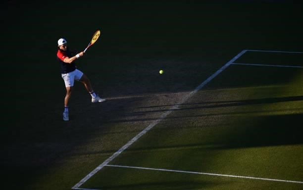Denis Kudla of United States plays a forehand shot against Kamil Majchrzak of Poland during the men's semi-finals singles match on day eight of the...