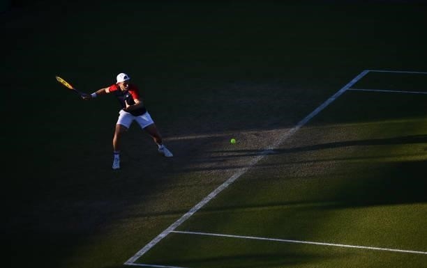 Denis Kudla of United States plays a forehand shot to Kamil Majchrzak of Poland during the men's semi-final singles match on day eight of the Viking...