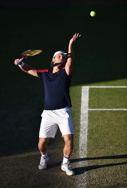 Denis Kudla of United States plays serves to Kamil Majchrzak of Poland during the men's semi-finals singles match on day eight of the Viking Open at...