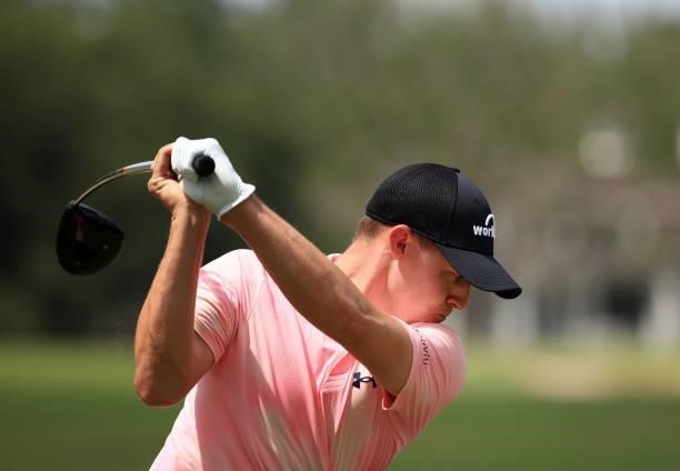 Matt Fitzpatrick of England plays his shot from the 18th tee during the third round of the Palmetto Championship at Congaree on June 12, 2021 in...